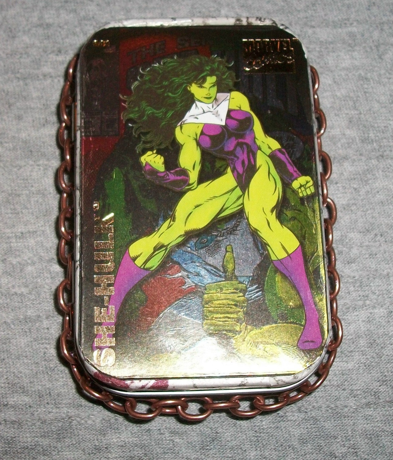 Items similar to altered tin box The She Hulk on Etsy