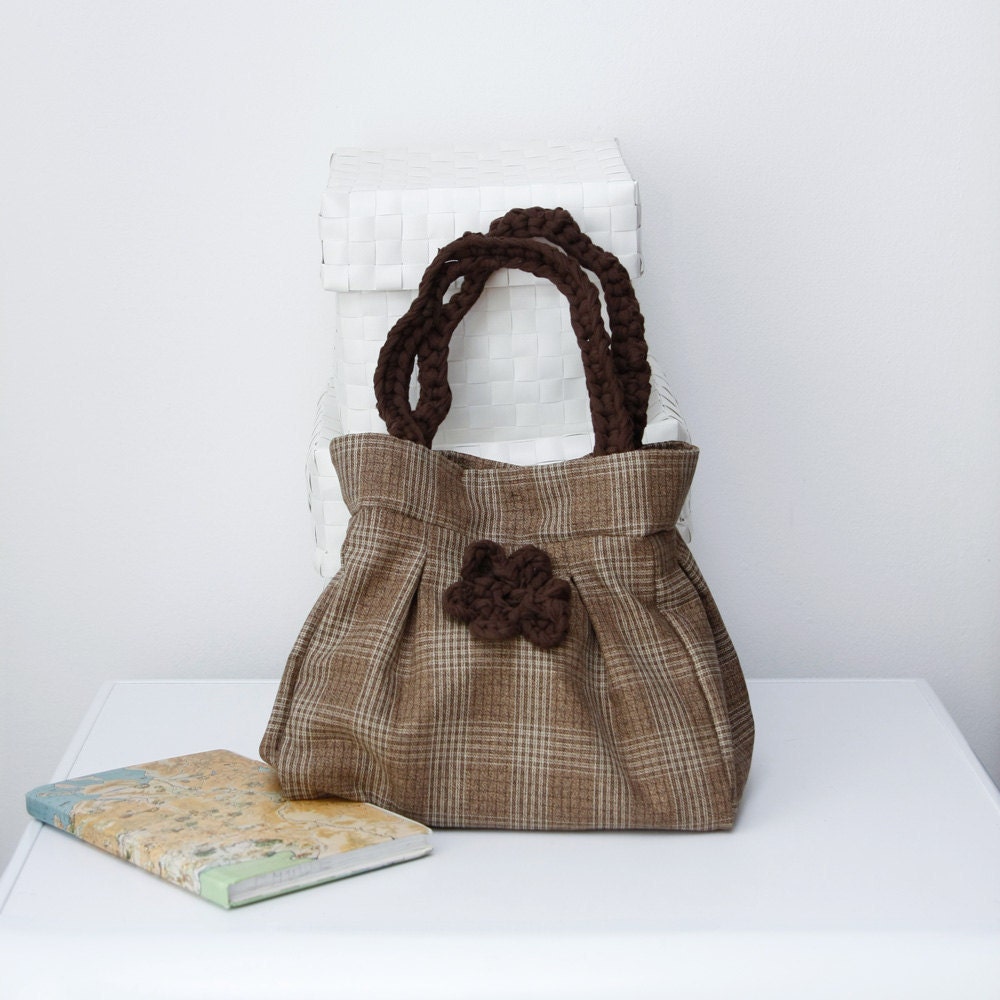 Brown Chic purse Trendy little wristlet Small checked tote Upcycled Crochet flower and handles