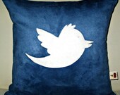 Free US shipping Unique Designer 16x16 Light and Dark Blue Suede Pillow Cover with Twitter Bird Icon Applique