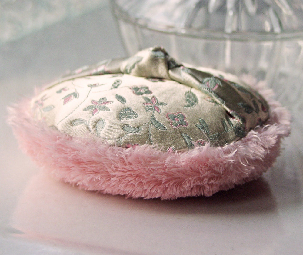 Dusting Powder Puff (SET) Sage and Pink Satin Brocade