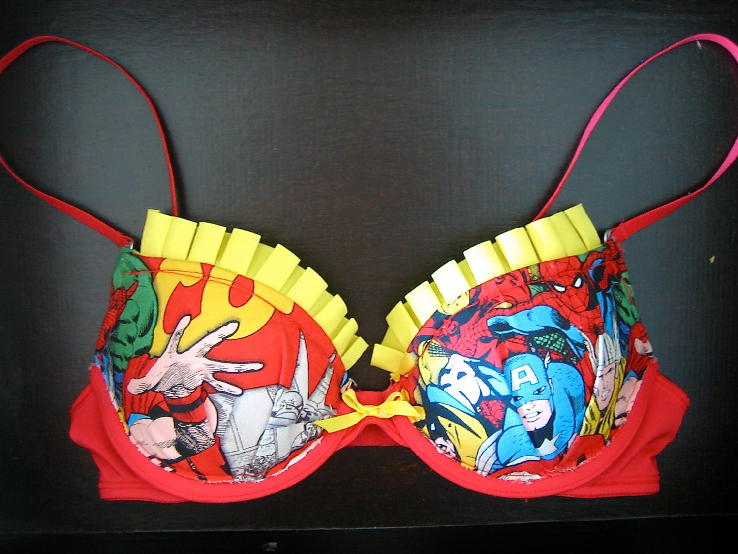 EXTRA MARVEL-OUS: Red Bra with Marvel Comics Fabric and Yellow Ruffles
