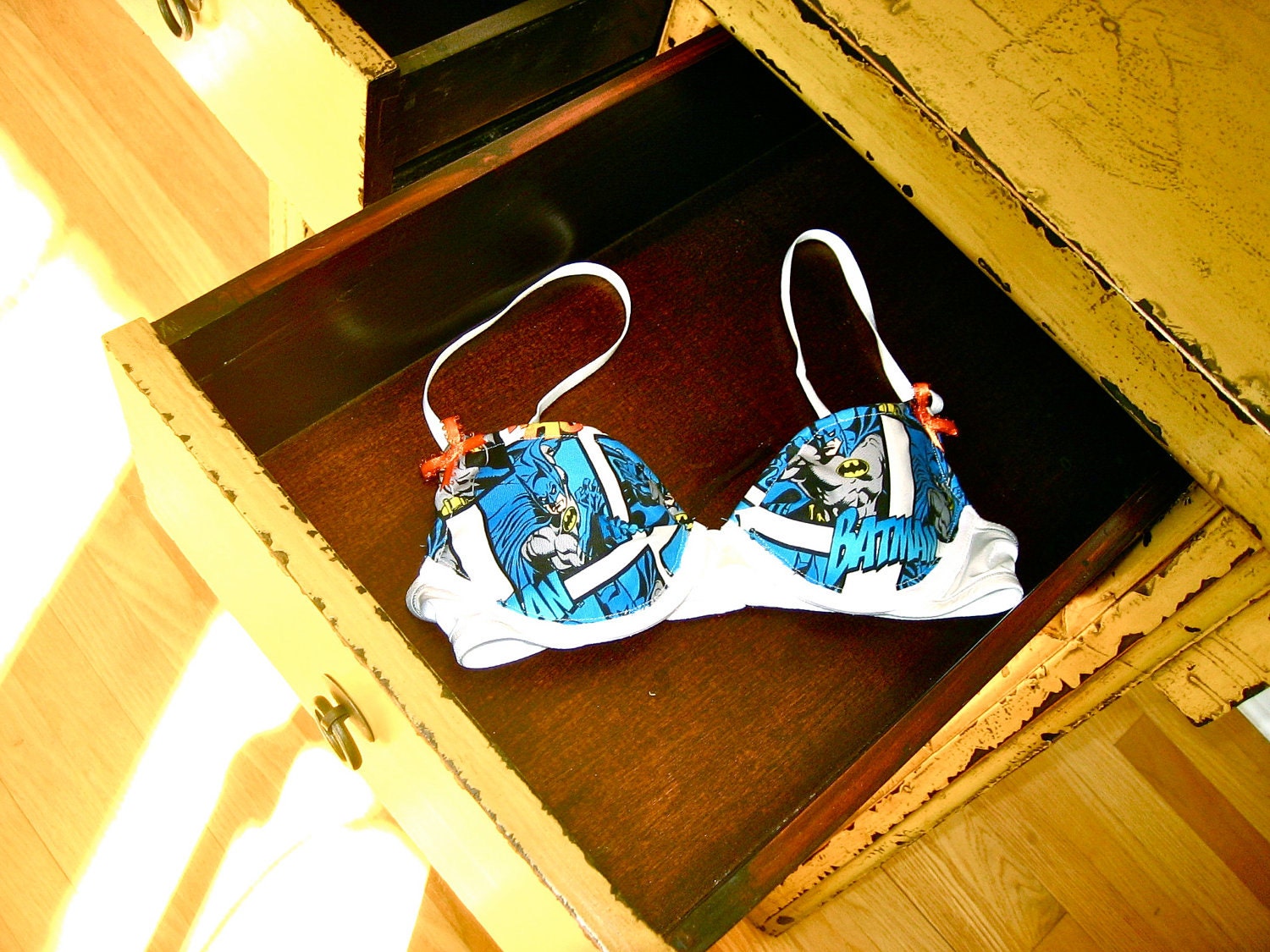 HOLY BOWS, BATMAN: White Bra with Batman Comics Fabric and Matching Orange Bows