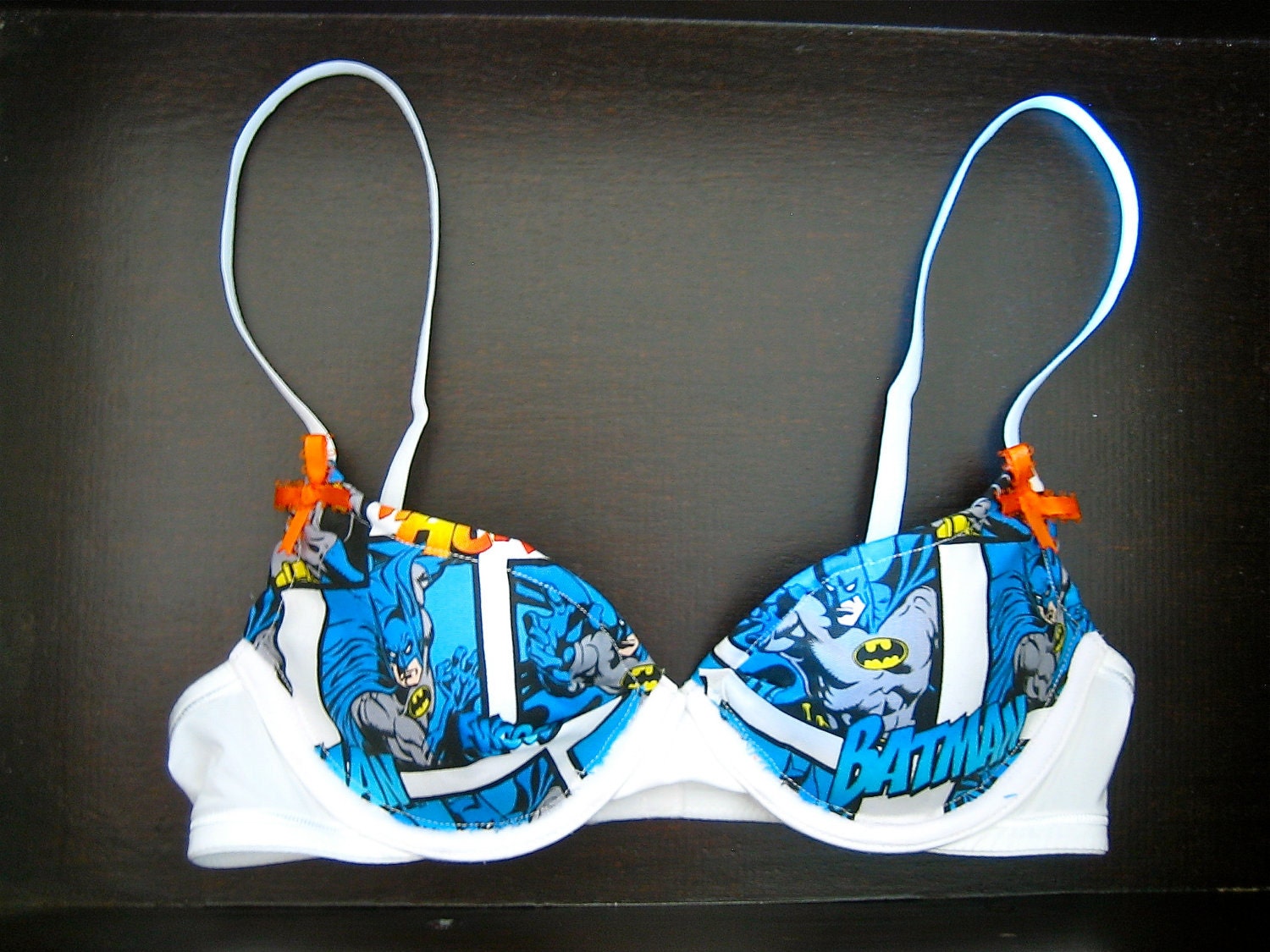 HOLY BOWS, BATMAN: White Bra with Batman Comics Fabric and Matching Orange Bows