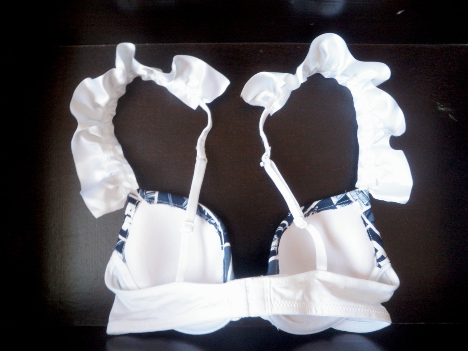 THE RUFFLE ALLIANCE Push-Up: Push-Up Bra with Star Wars Navy Block Pattern Fabric and White Ruffled Straps