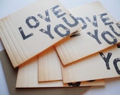 Vintage 'I Love You' stationery set note cards, hand stamped black letters, blank and folded style, craft envelopes set of 5.
