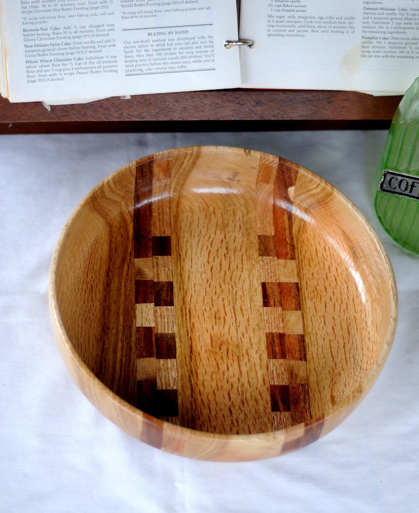 Large 11" Hand Turned White Oak Chip or Serving Bowl with Red Oak and Black Walnut Inlay Mayan Design Wedding Gift Idea