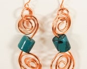 Women's Earrings: Spiraled Copper Wire with Turquoise Cylinder Bead