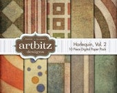 Harlequin Vol. 2, 10 Piece Distressed Digital Scrapbooking Paper Pack, 12"x12", 300 dpi .jpg