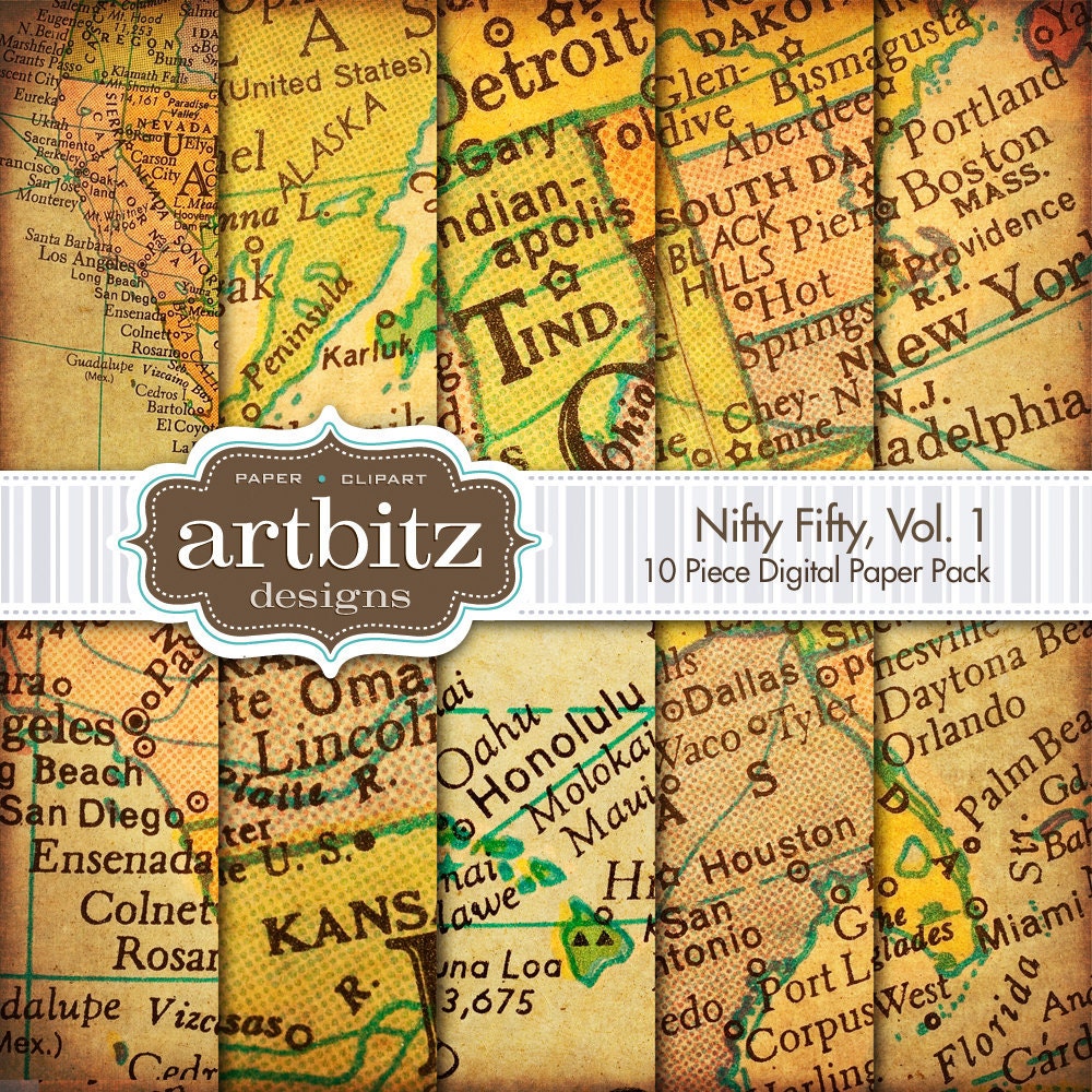 Nifty Fifty, Vol. 1, 10 Piece Map Element Digital Scrapbooking Paper Pack, 12"x12", 300 dpi .jpg