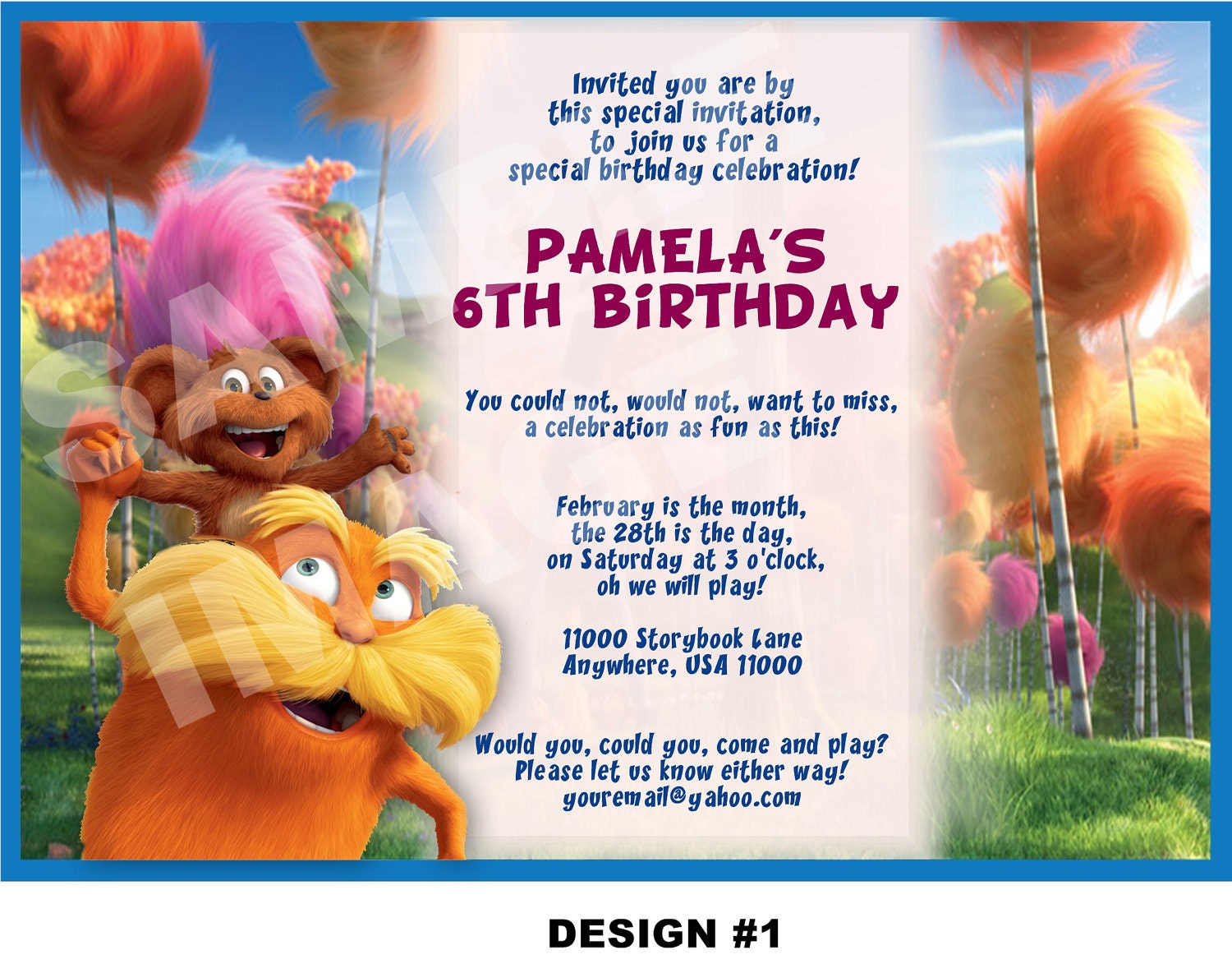 The Lorax Invitation - Dr Seuss The Lorax invitation - Party Printable Birthday Invitation (2 designs)