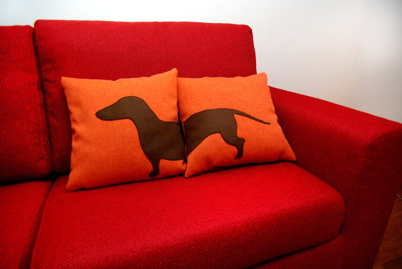 Dachshund (sausage dog) pillow covers - tangerine and dark brown - Made to Order