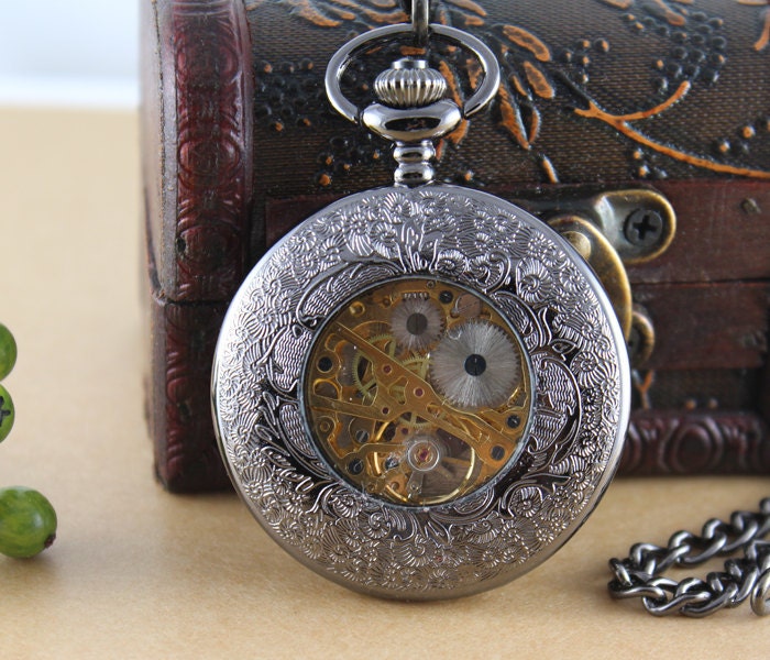 Black Steampunk Elegant Flower Case Mechanical Unisex Pocket Watch
