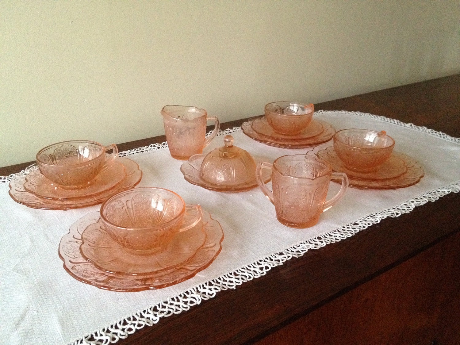 pink depression glass childs tea set