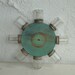 Vintage AQUA GLASS JAR - Spinning Holder - Tools - Nails - Craft Supplies Holder - Wood -