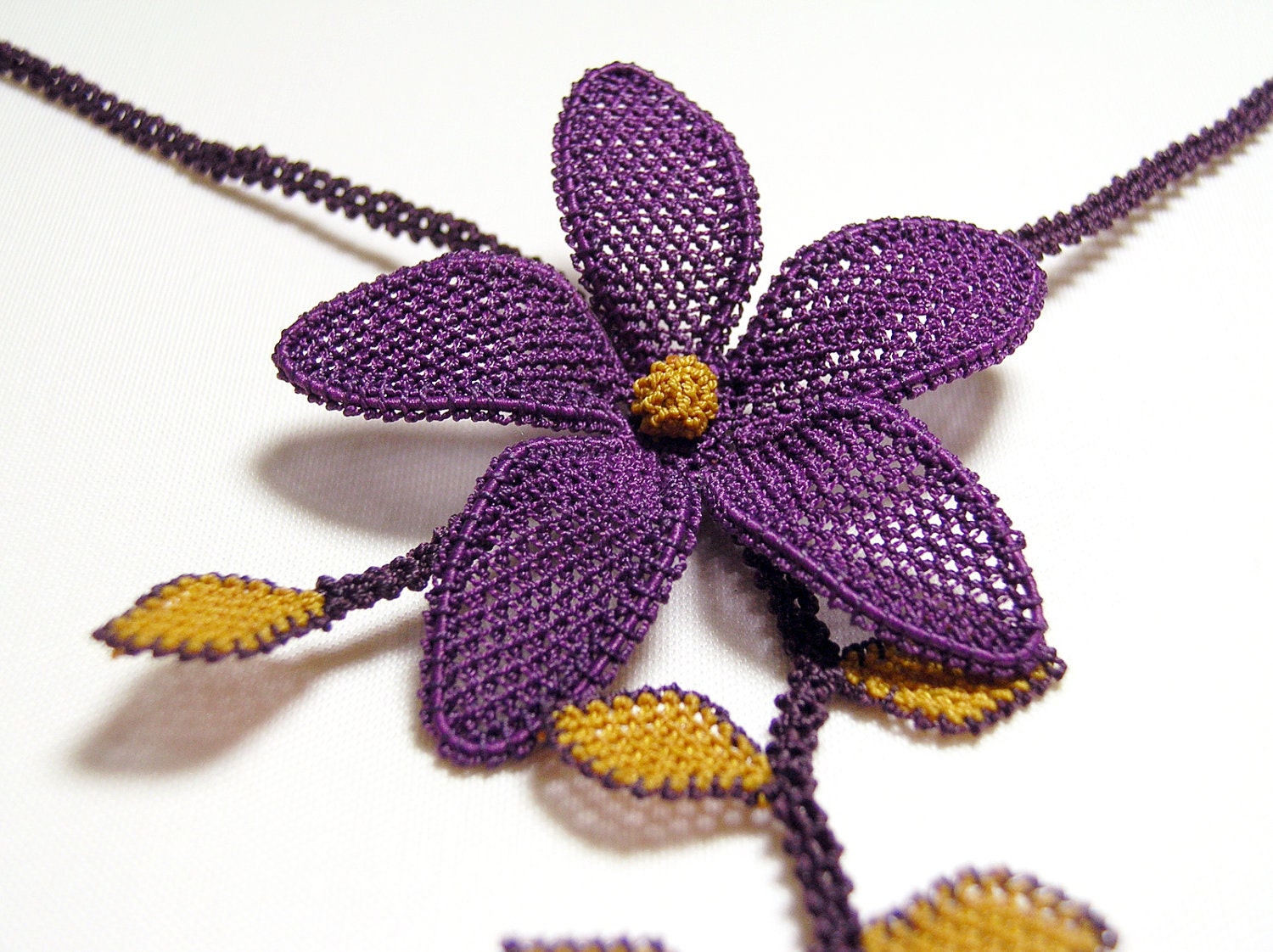 Lace necklace, 3D nature necklace, amethyst purple yellow violet flower boho necklace hand embroidery modern crochet, lace jewelry TAGT
