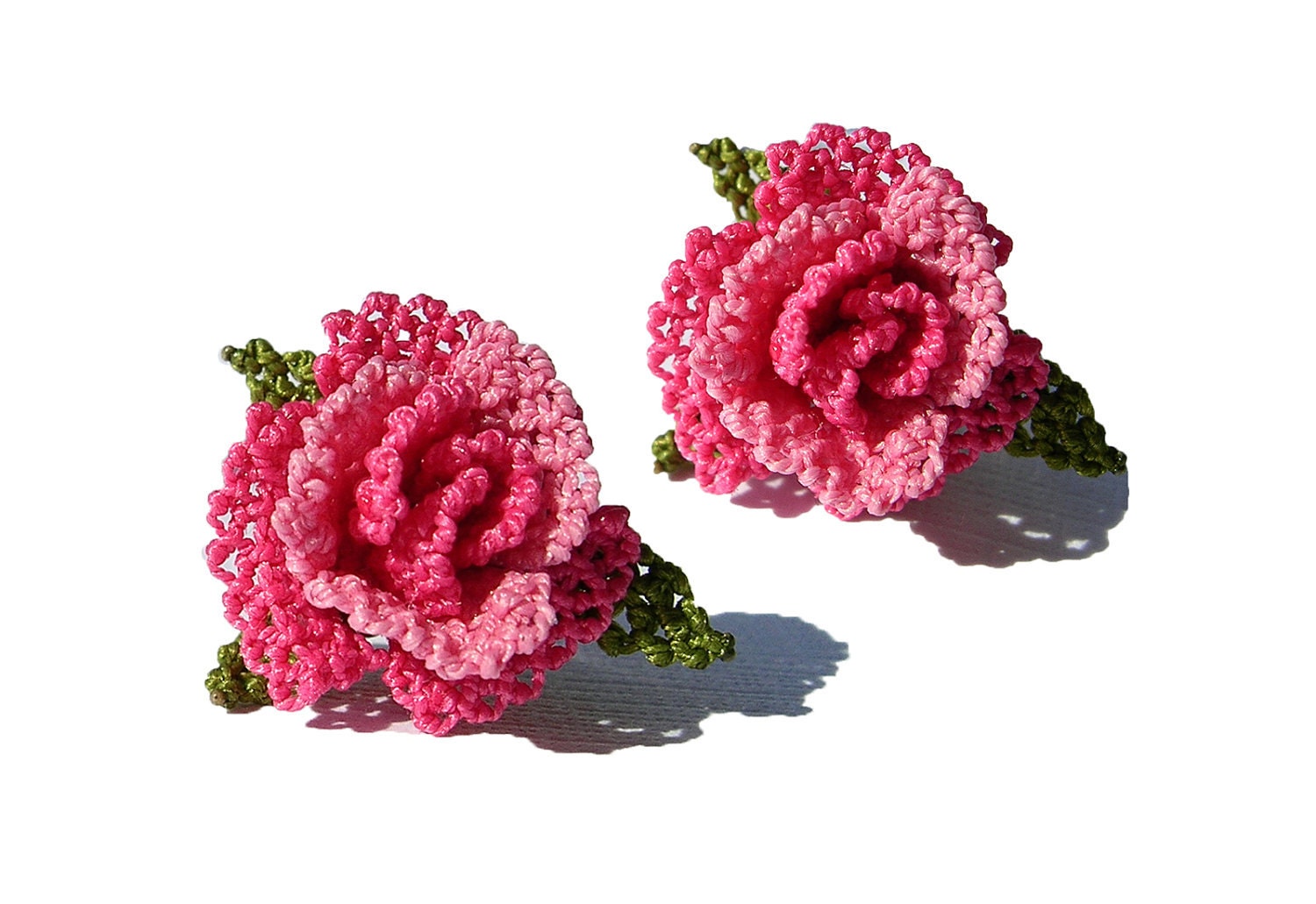 Romantic lace rose earrings, small rose studs, hot pink rosebuds silver post, delicate lace jewelry, tatted lace / embroidery rose, TAGT