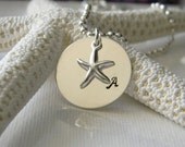 Beachy 7/8" Solid Sterling Silver Starfish, Star Fish, Sea Shell, Ocean, Nautical Initial Custom Made Hand Stamped Personlized Necklace
