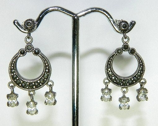 ON Hold Lisa Marie Vintage Art Deco dangle Marcasite Sterling Silver Earrings, Estate, signed "NSE"