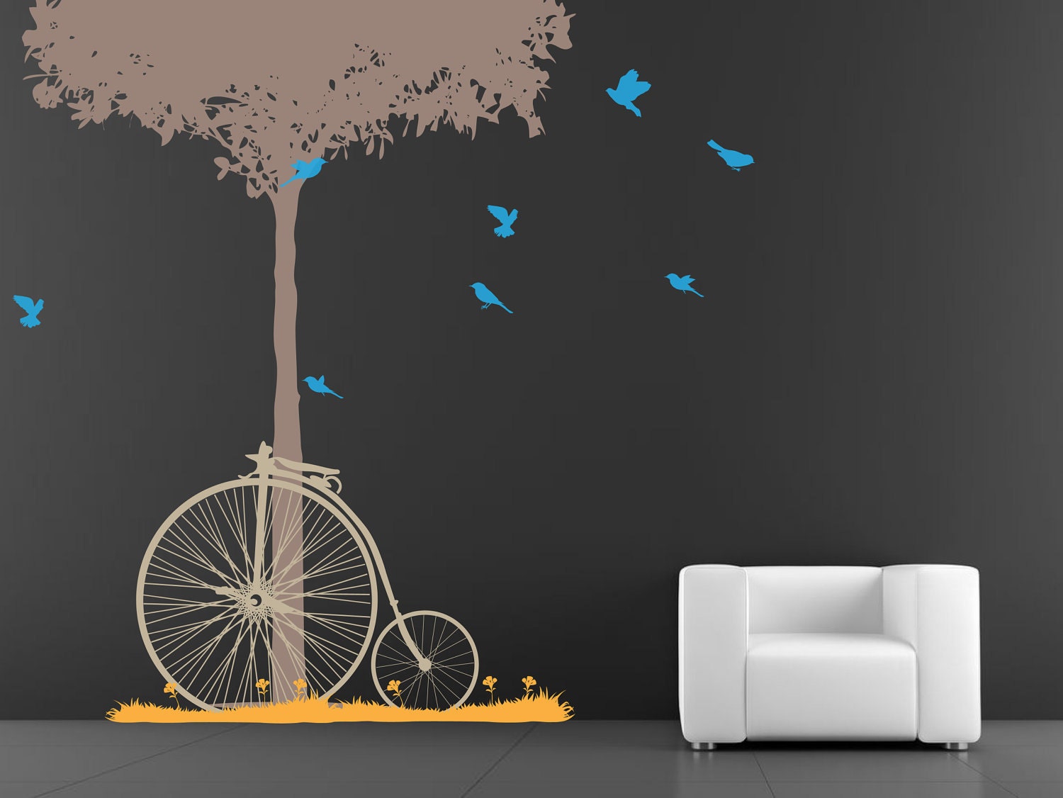 Tree, bycicle grass and birds Wall Decal. Wall Sticker