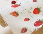 Strawberry Fabric, Hand Printed Fabric, Linen Cotton Fabric, Unique Fabric - Red Strawberry Panel 8"x 8" (20cm X 20cm)