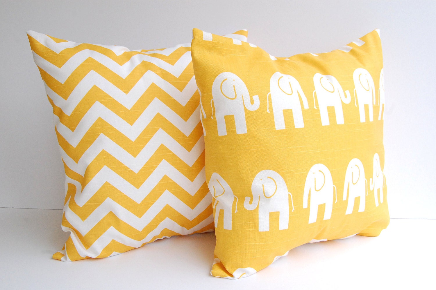 Yellow pillow covers set of two 18" x 18" decorative throw pillow covers yellow chevron zig zag and yellow elephants