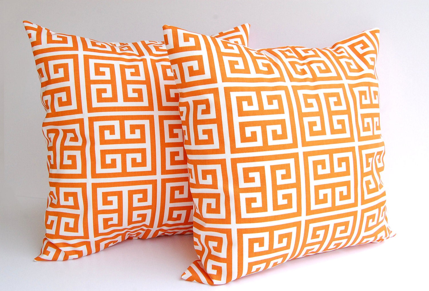 Orange throw pillow covers set of two 18 x 18 Greek Key pattern