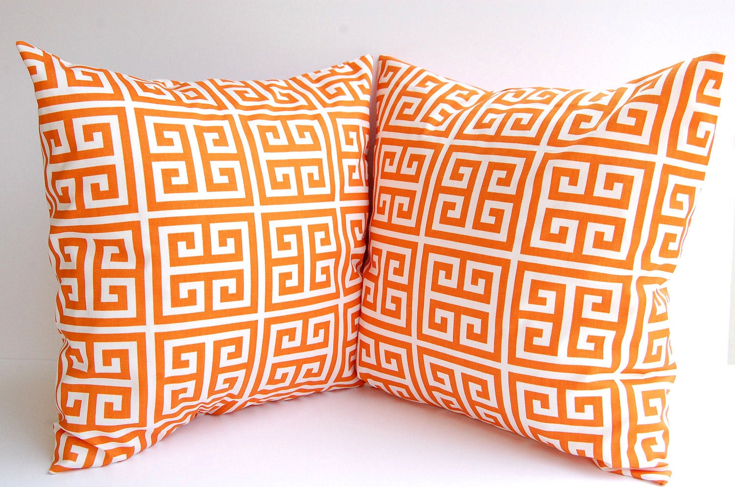 Orange throw pillow covers set of two 18 x 18 Greek Key pattern