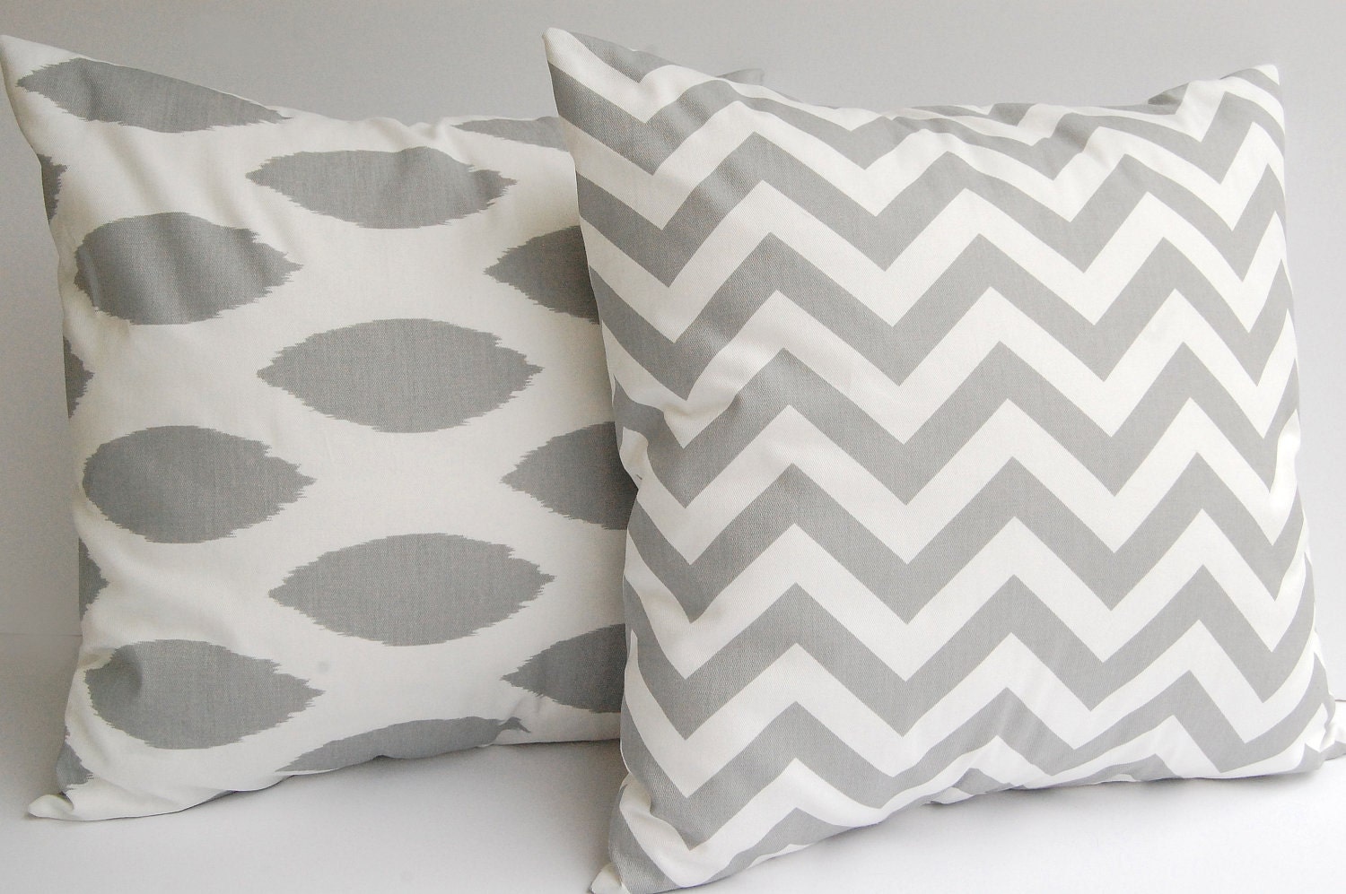 Throw pillow covers set of two 20" x 20" Storm Gray Chevron zig zag and Chipper Ikat