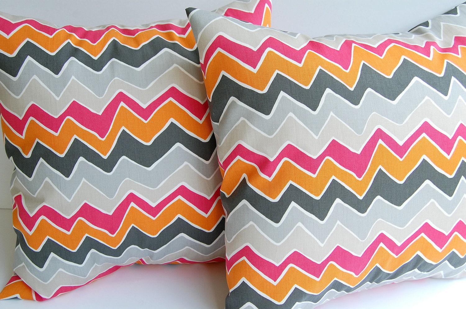 Throw pillow covers 18" x 18" pair of two Seesaw chevron pink orange gray tan