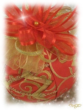 One of a Kind Red and Gold Swirl Unique Handmade Keepsake Quilted Ornament