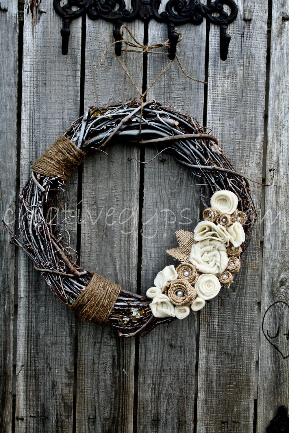 Rustic Ivory Flowers and Brown Burlap Wreath shabby LOVE