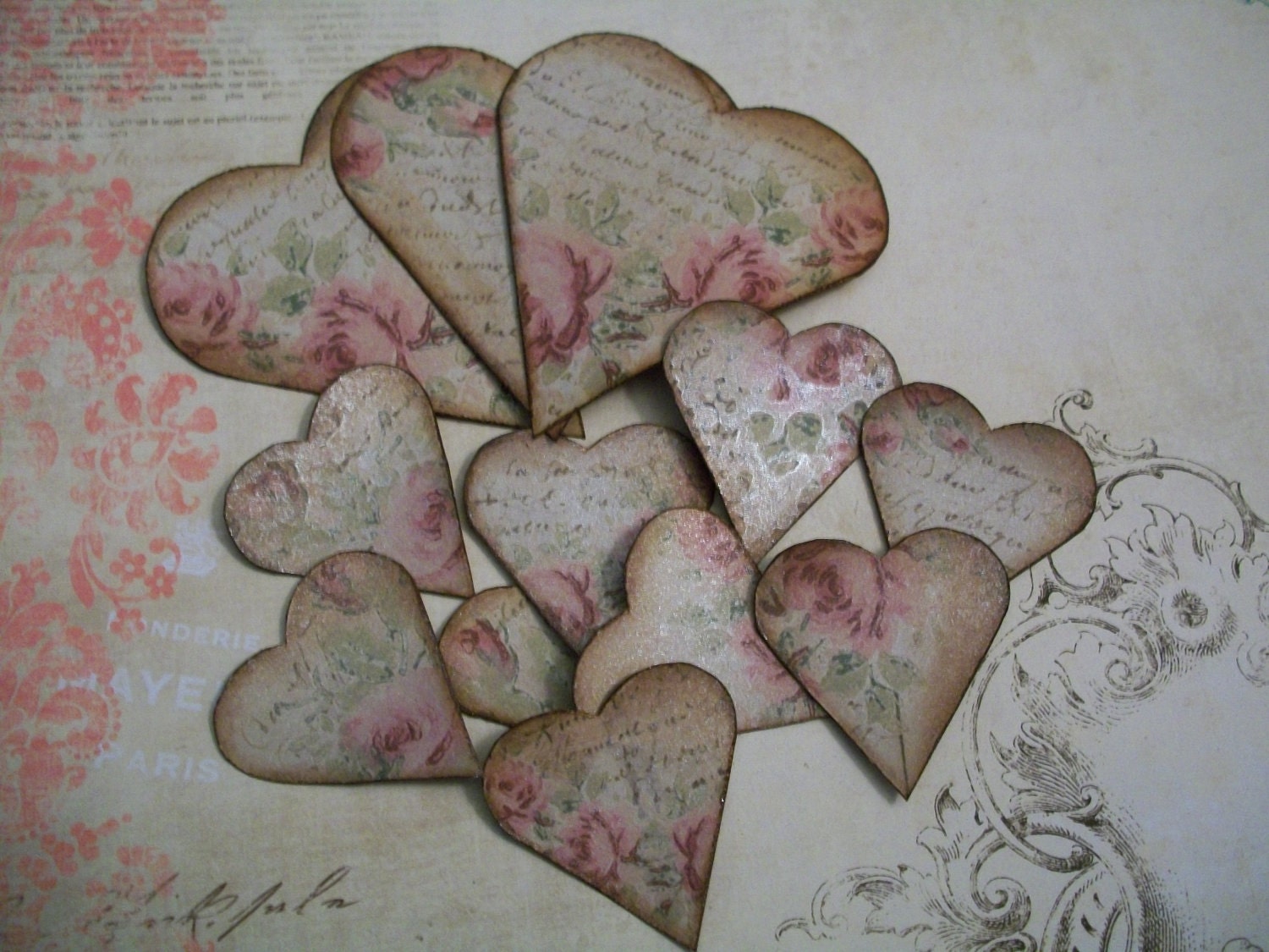 Vintage Rose - Paper Heart Set for Weddings, Altered Art, Crafts