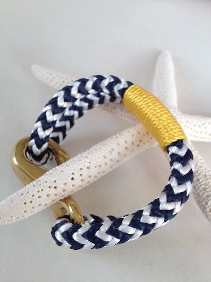 Navy & White Nautical Rope Bracelet with Gold Wrap and a Bronze Clasp