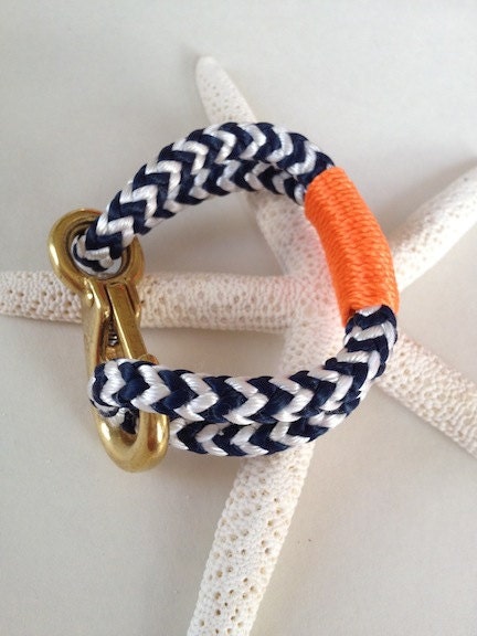 Navy & White Nautical Rope Bracelet with Orange Wrap and a Bronze Clasp