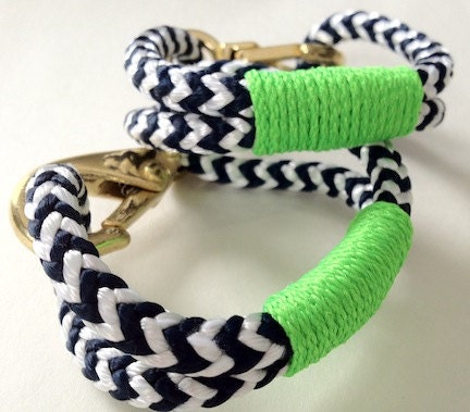 Navy & White Nautical Rope Bracelet with Lime Green Wrap and a Bronze Clasp