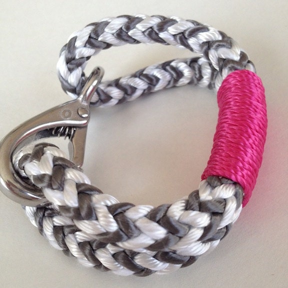 Gray & White Nautical Rope Bracelet with Pink Wrap and a Stainless Steel Clasp