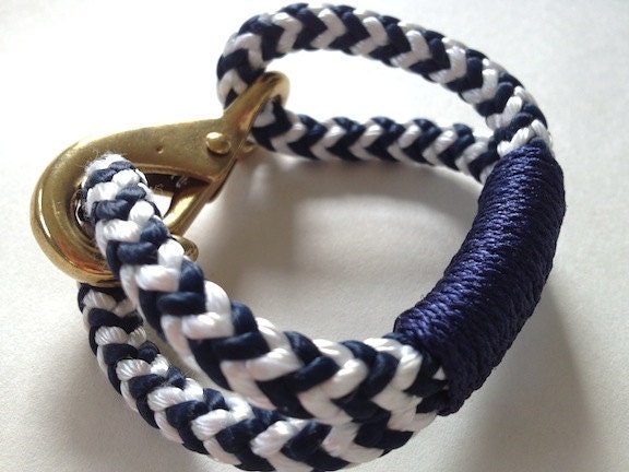 Navy & White Nautical Rope Bracelet with Navy Wrap and a Bronze Clasp