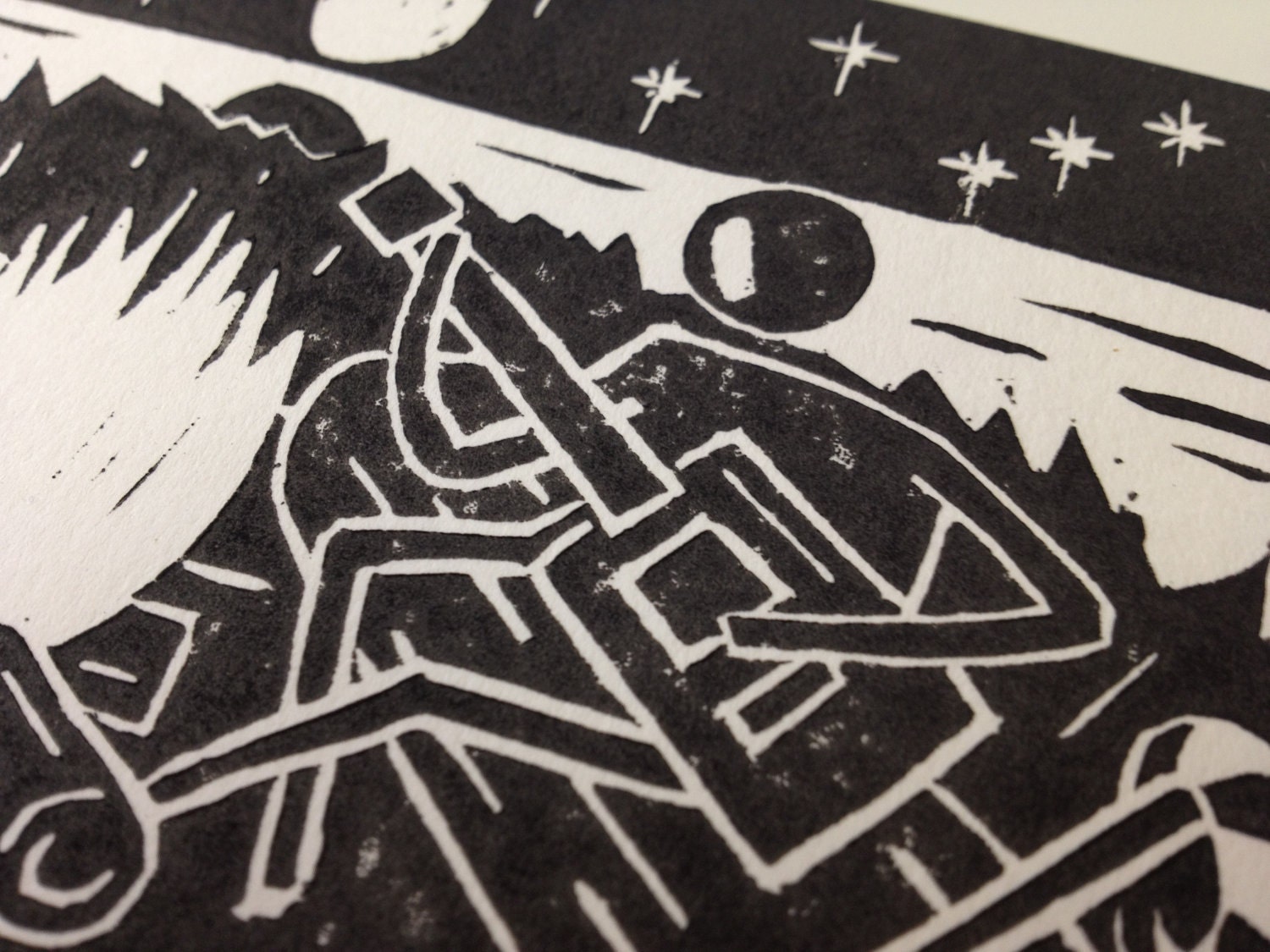 Campfire Serenade Under the Moon, Linocut Print