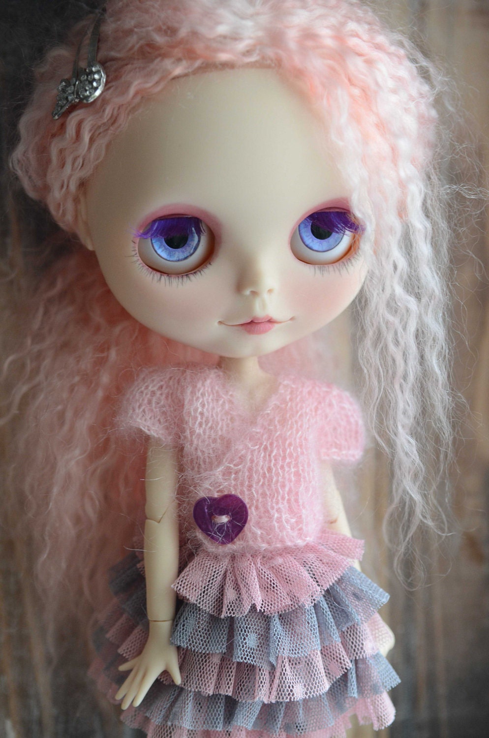 Pale pink superkid mohair and silk short sleeved ballet wrap style sweater with mother of pearl heart button. For Blythe, pullip, dal etc
