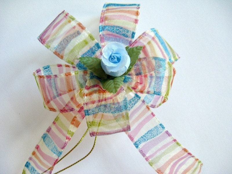 Small blue rose bud with multicolored stripe ribbon (SB3)