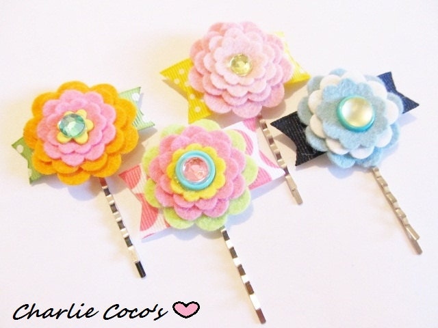 Felt Flower Hair Pins, Flower Bobby Pins, Girls Bobby PIns, Children Spring, Summer Accessories