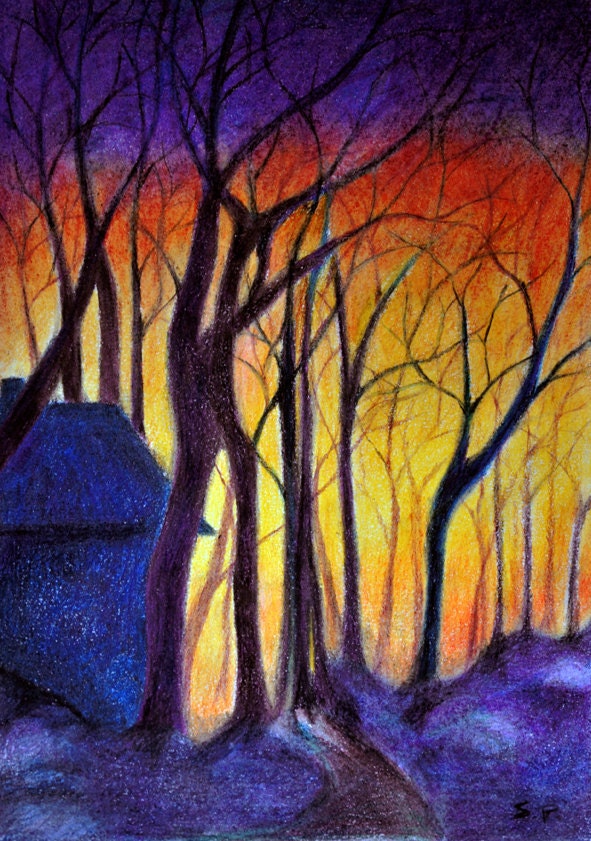 SALE Evening Landscape - Original colored pencil drawing 8 x 11 Inch