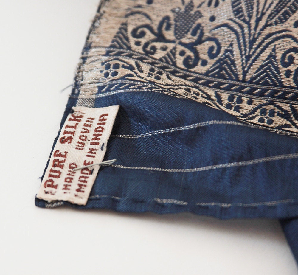 Vintage Indian Hand Woven Pure Silk Pashmina Scarf Shawl, Indigo