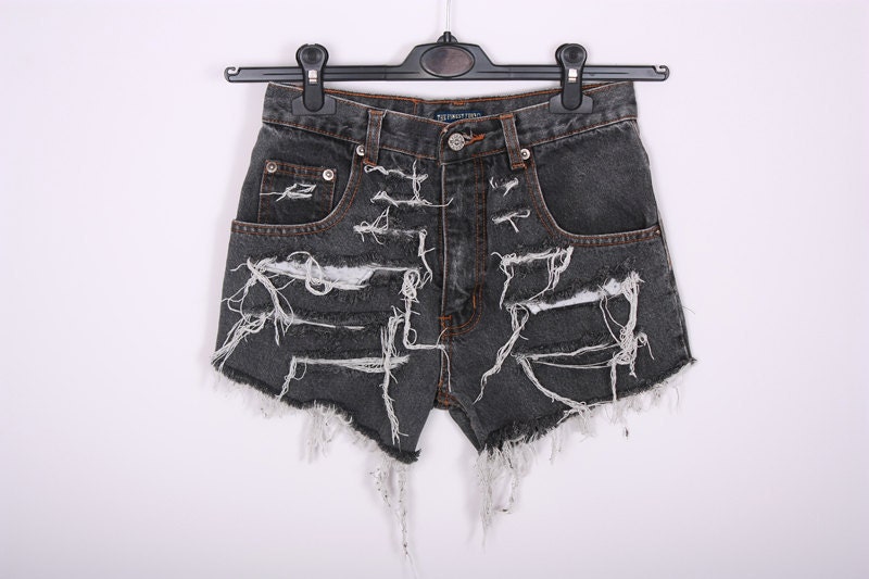 GRUNGE Vintage 90s Shorts Destroyed DIY Cut Off Jeans High Waisted Denim M - SORUTHLESS