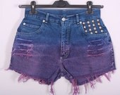 DIP DYE Ombre Shorts Vintage Destroyed DIY Cut Off Jeans High Waisted Denim M