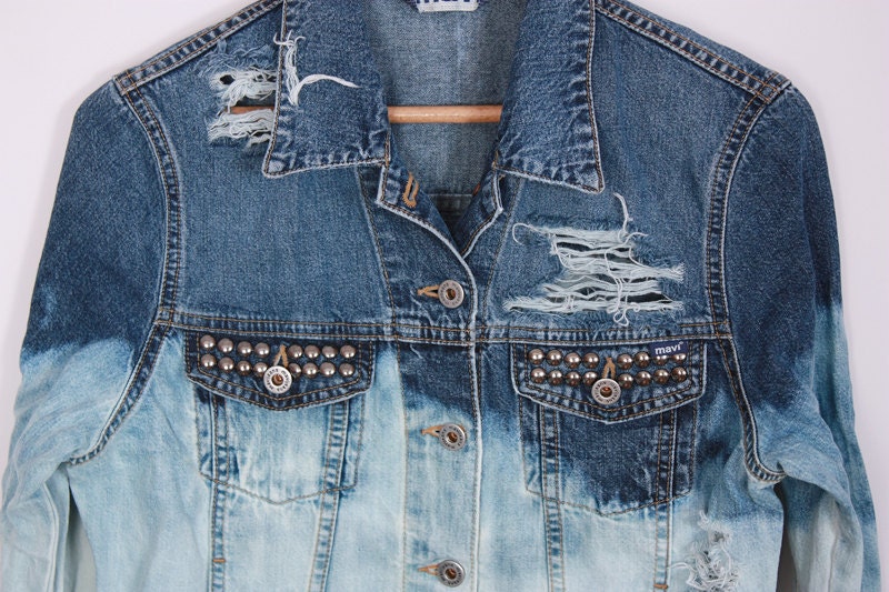 OMBRE Acid Wash JACKET Jeans Vintage DIY Denim Blue White Studded 90s