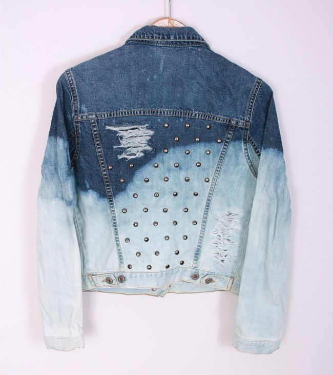 OMBRE Acid Wash JACKET Jeans Vintage DIY Denim Blue White Studded 90s