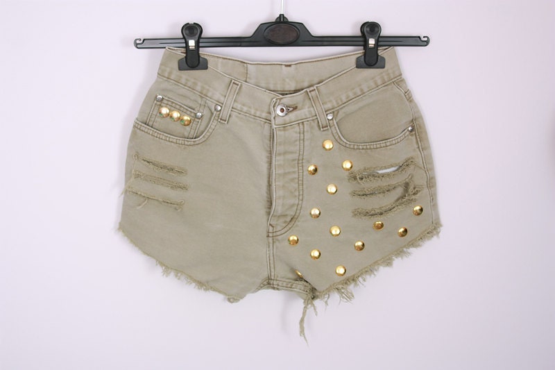 Vintage Studded Shorts Destroyed DIY Cut Off Jeans High Waisted Denim S M