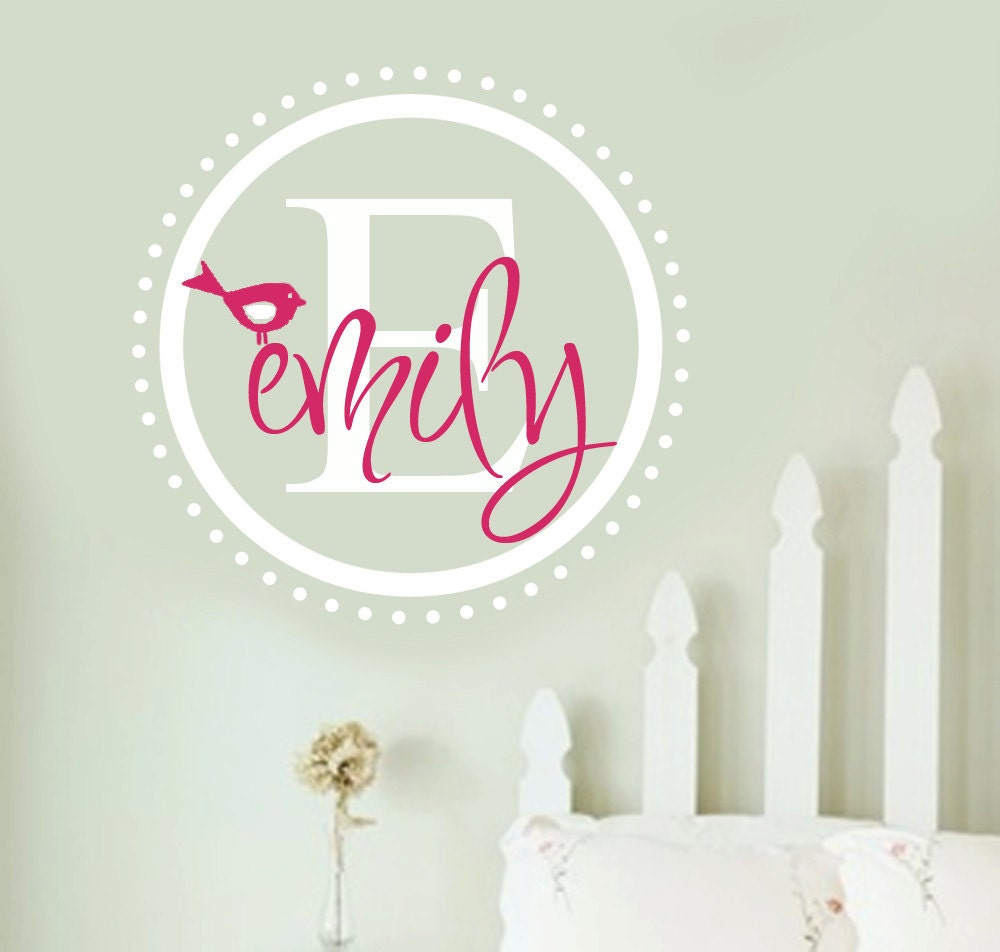 Vinyl Wall Decal Shabby Chic Name and Bird Nursery Vinyl Wall Decal Sticker- baby girl