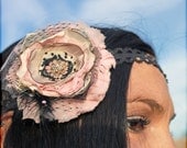 Shabby Chic Headband Hair Bow, Girls Bows, Baby Pink, Black, Cream Vintage Hair Accessories, Fabric Flower Headband, Hair Clip, Brooch